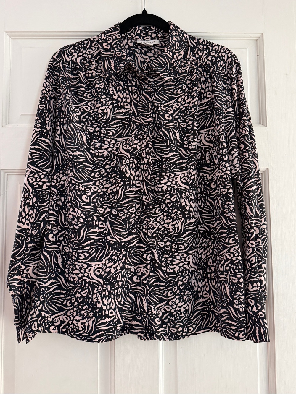Topshop UK 10 US 6 Black Blush Abstract Animal Print Button Up Blouse Shirt Lge